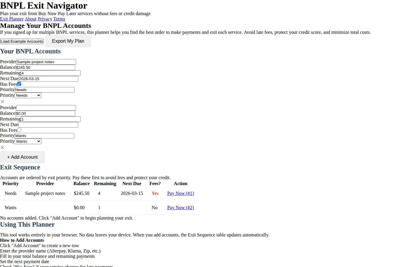 Screenshot of Buy Now Pay Later Exit Navigator interface showing the project page in use
